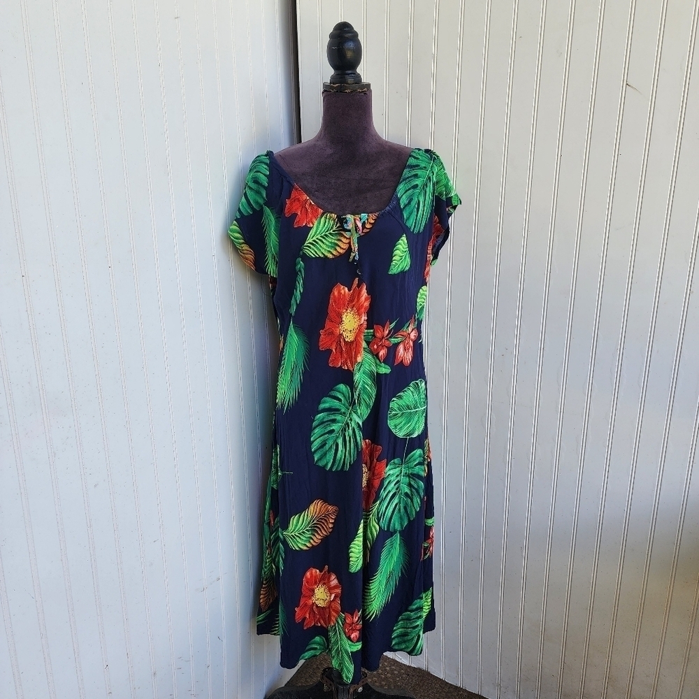 Vtg GG Hawaiian Shift Dress Floral Monstera Palm Print Tie Blue Green Red Sz L